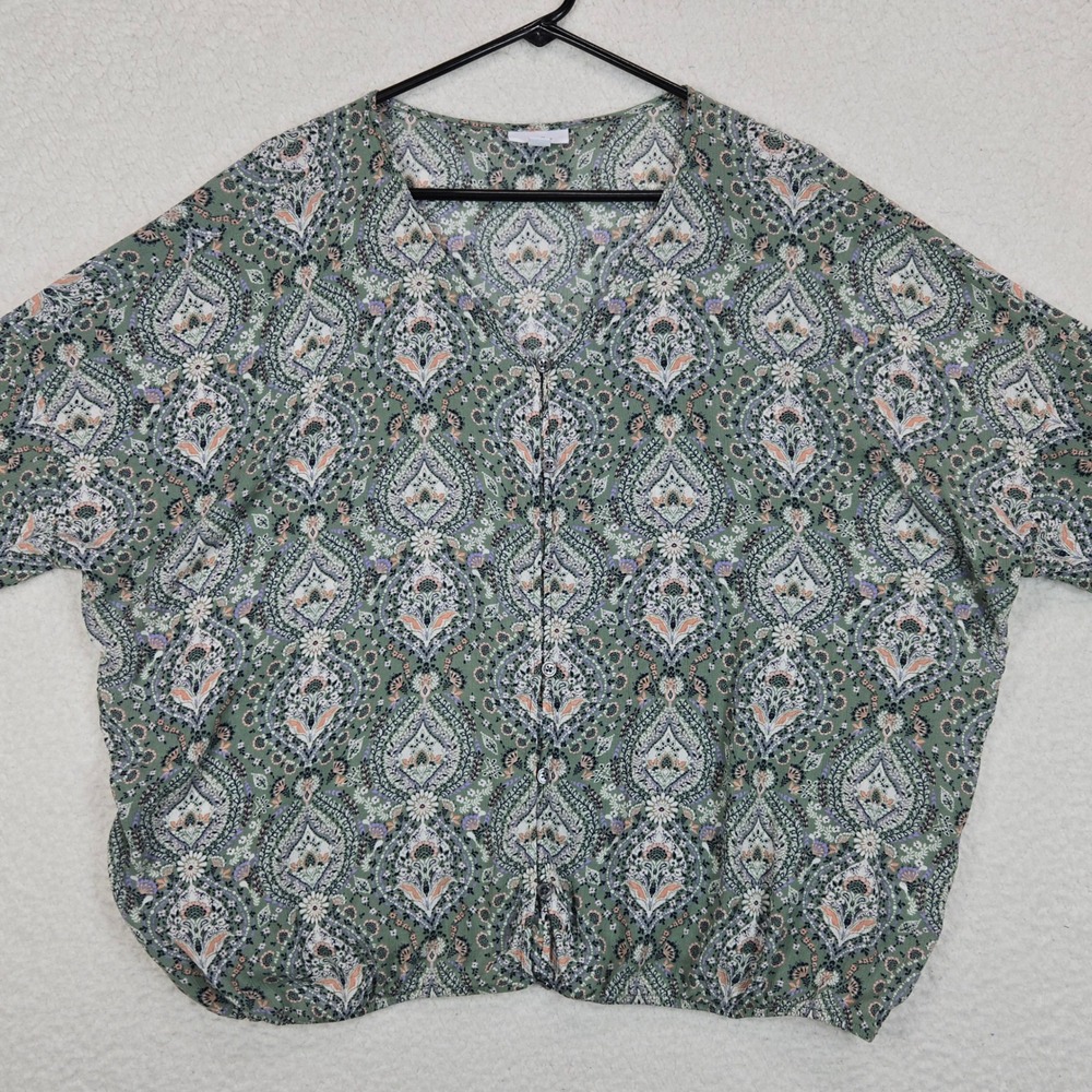 J. Jill Womens 2X Paisley Button Up Blouse Green Boho Dolman Sleeve Top Plus 2X